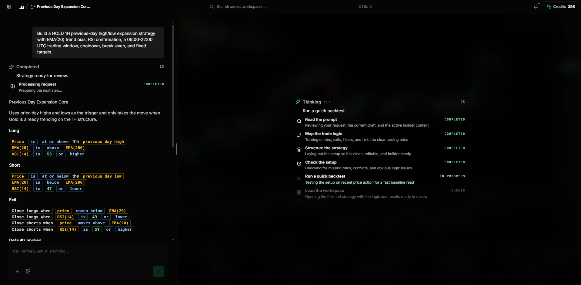 Strategy builder workspace showing generated entry, exit, and risk rules with a live build checklist